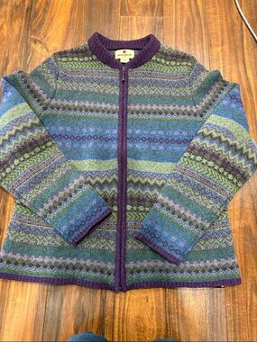 Woolrich Women's Purple Green Blue Fair Isle Zip Cardigan Large Wool